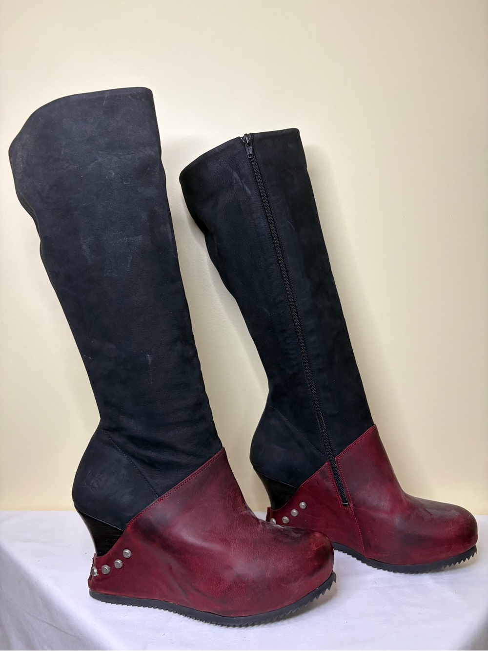 Black and Burgundy Wedge Knee-High Boots Size 9